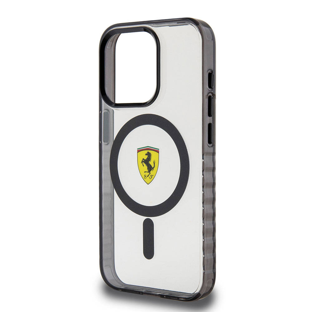 iPhone 15 Pro Max Kılıf Ferrari Orjinal Lisanslı M-safe Şarj Özellikli Tırtıklı Kenar Tasarımlı Ortalanmış Logo Kapak