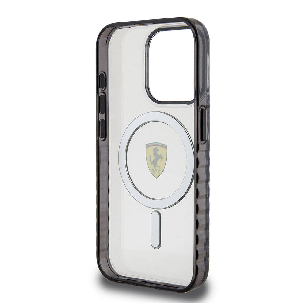 iPhone 15 Pro Max Kılıf Ferrari Orjinal Lisanslı M-safe Şarj Özellikli Tırtıklı Kenar Tasarımlı Ortalanmış Logo Kapak