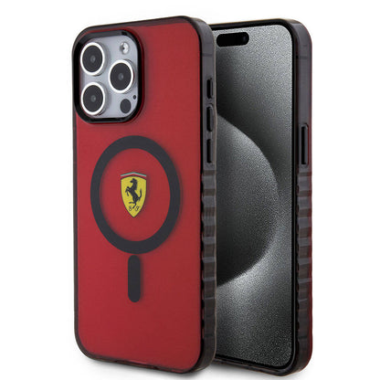 iPhone 15 Pro Max Kılıf Ferrari Orjinal Lisanslı M-safe Şarj Özellikli Tırtıklı Kenar Tasarımlı Ortalanmış Logo Kapak