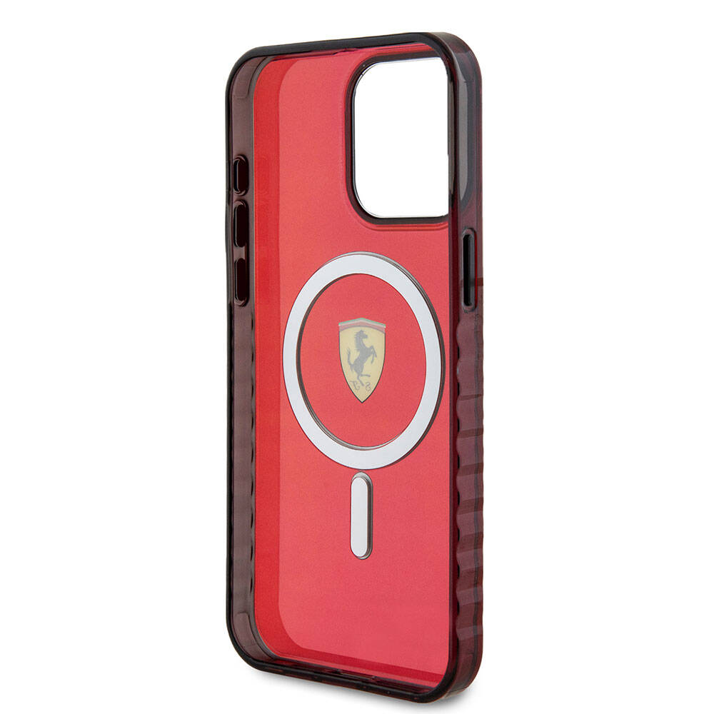 iPhone 15 Pro Max Kılıf Ferrari Orjinal Lisanslı M-safe Şarj Özellikli Tırtıklı Kenar Tasarımlı Ortalanmış Logo Kapak