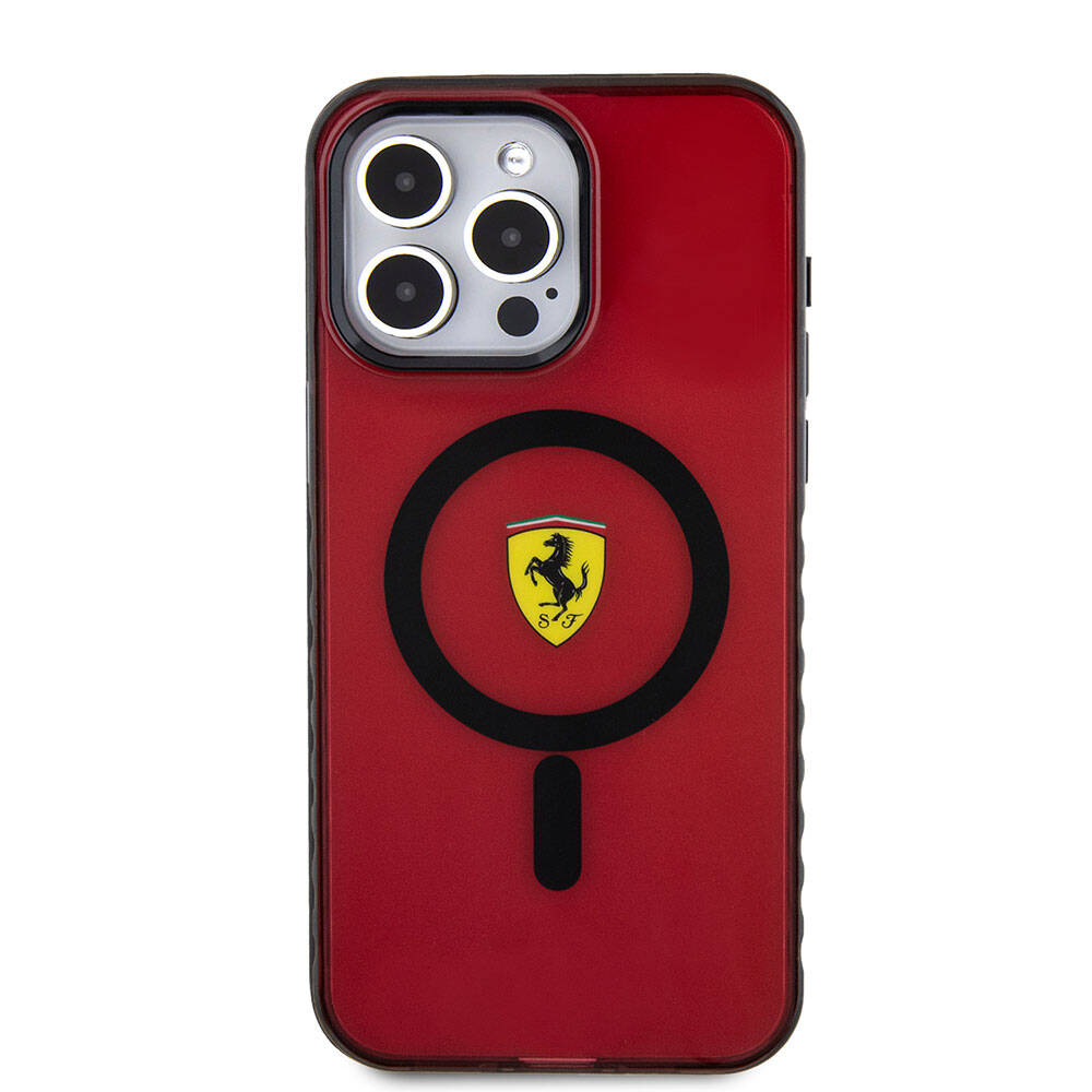 iPhone 15 Pro Max Kılıf Ferrari Orjinal Lisanslı M-safe Şarj Özellikli Tırtıklı Kenar Tasarımlı Ortalanmış Logo Kapak