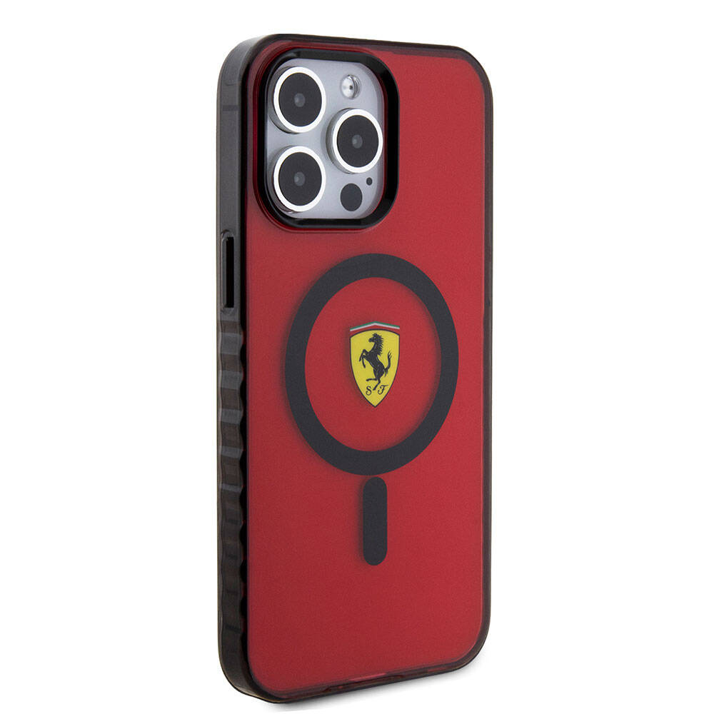 iPhone 15 Pro Max Kılıf Ferrari Orjinal Lisanslı M-safe Şarj Özellikli Tırtıklı Kenar Tasarımlı Ortalanmış Logo Kapak