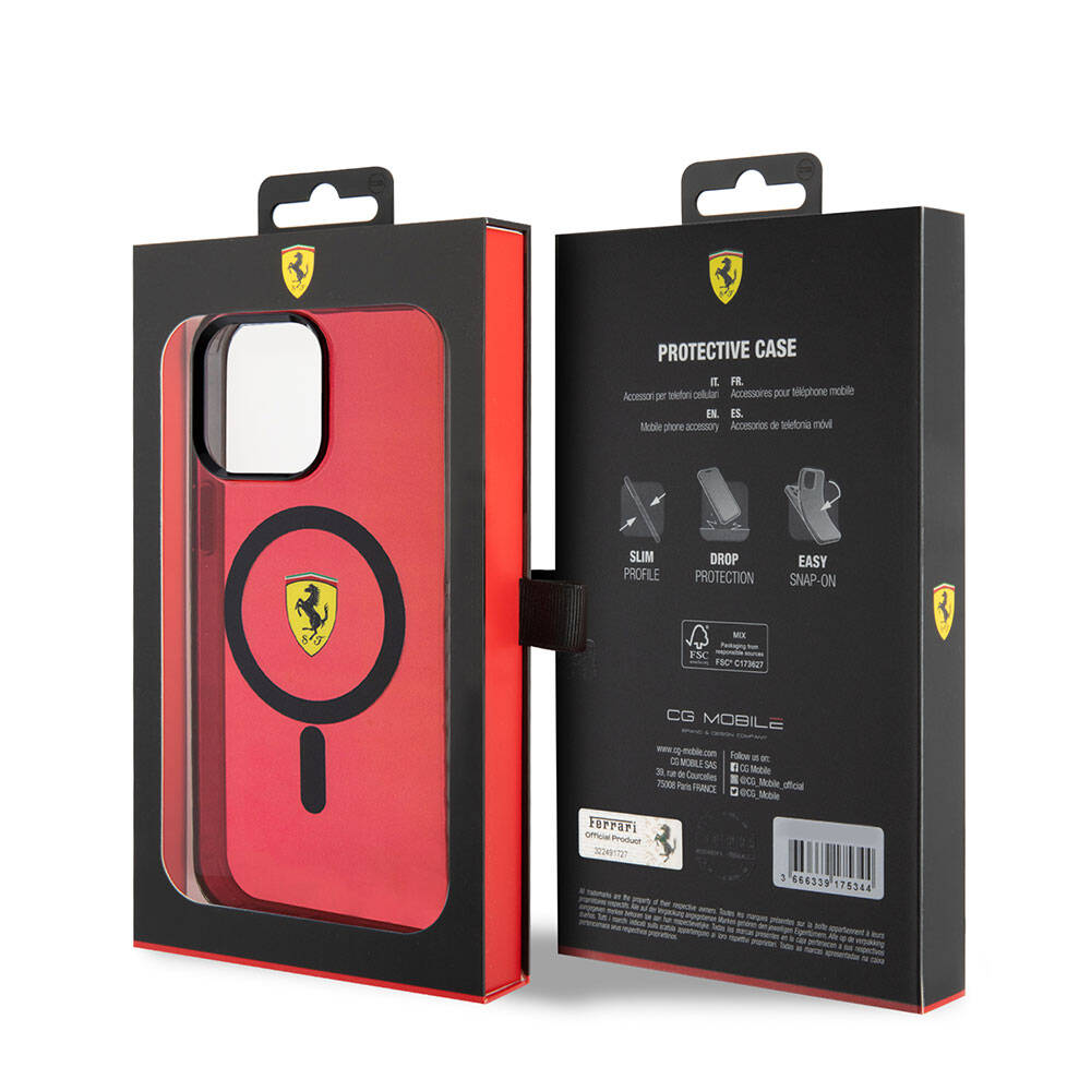 iPhone 15 Pro Max Kılıf Ferrari Orjinal Lisanslı M-safe Şarj Özellikli Tırtıklı Kenar Tasarımlı Ortalanmış Logo Kapak
