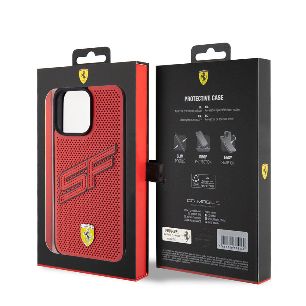 iPhone 15 Pro Max Kılıf Ferrari Orjinal Lisanslı PU Delikli Arka Yüzey Metal Logolu Dikişli Büyük SF Yazılı Kapak