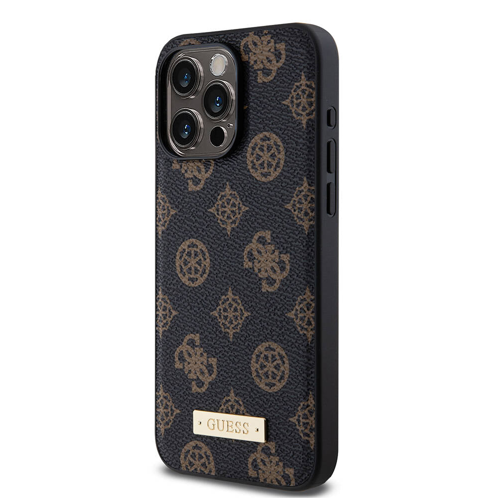 iPhone 15 Pro Max Kılıf Guess M-safe Şarj Özellikli PU Deri Desenli Metal Plaka Logolu Kapak