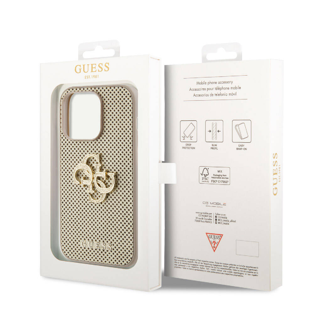 iPhone 15 Pro Max Kılıf Guess Orjinal Lisanslı Delikli Yazı ve 4G Glitter Büyük Metal Logolu Kapak