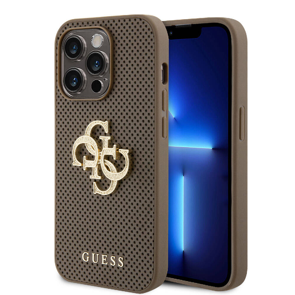 iPhone 15 Pro Max Kılıf Guess Orjinal Lisanslı Delikli Yazı ve 4G Glitter Büyük Metal Logolu Kapak