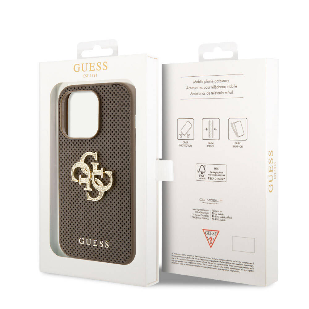 iPhone 15 Pro Max Kılıf Guess Orjinal Lisanslı Delikli Yazı ve 4G Glitter Büyük Metal Logolu Kapak