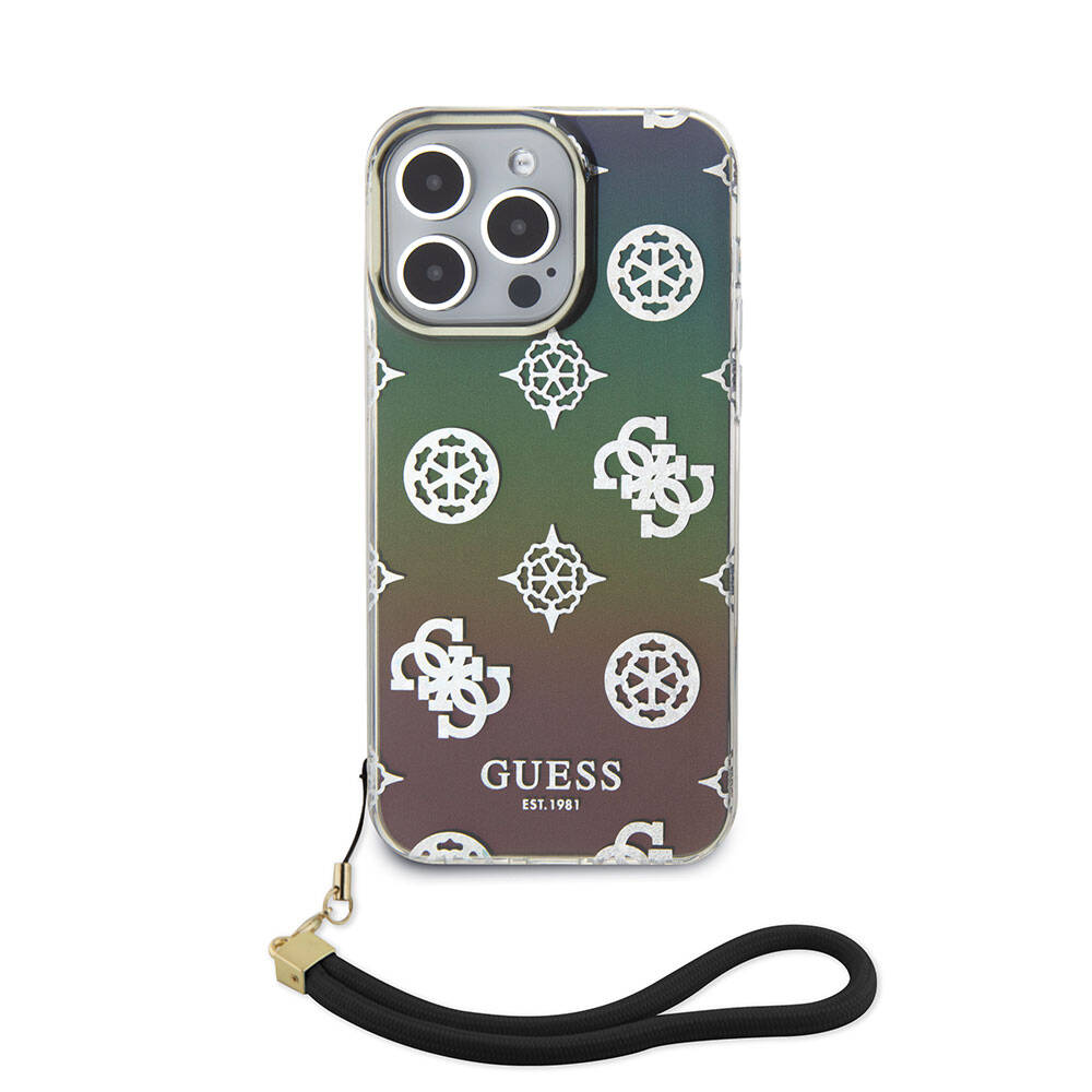 iPhone 15 Pro Max Kılıf Guess Orjinal Lisanslı Desenli Yazı Logolu Askı İpli Holografik Glitter Peony Kapak