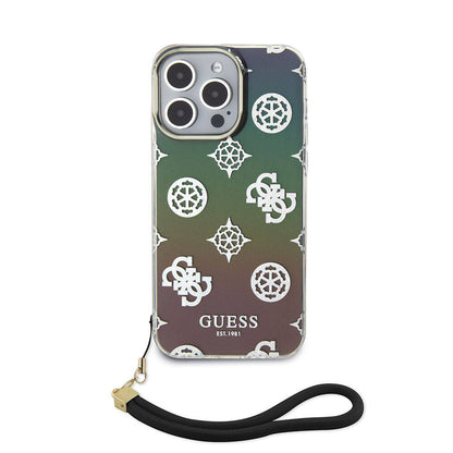 iPhone 15 Pro Max Kılıf Guess Orjinal Lisanslı Desenli Yazı Logolu Askı İpli Holografik Glitter Peony Kapak