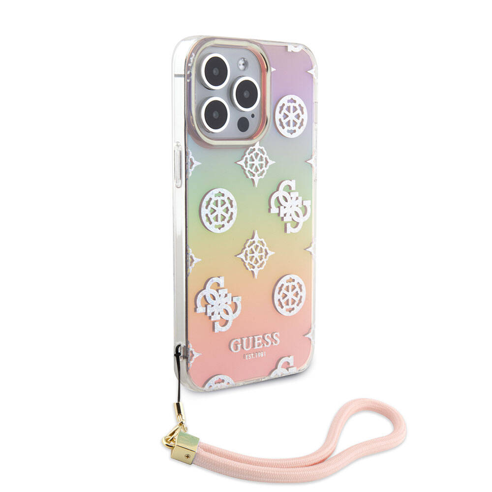 iPhone 15 Pro Max Kılıf Guess Orjinal Lisanslı Desenli Yazı Logolu Askı İpli Holografik Glitter Peony Kapak