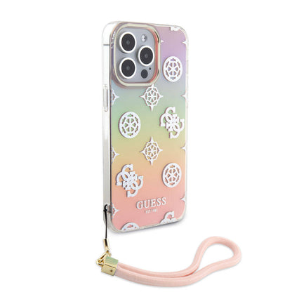 iPhone 15 Pro Max Kılıf Guess Orjinal Lisanslı Desenli Yazı Logolu Askı İpli Holografik Glitter Peony Kapak