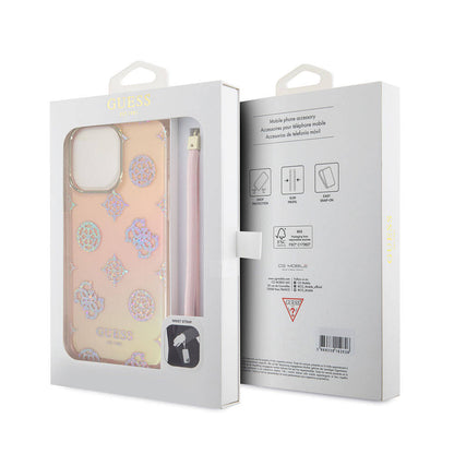 iPhone 15 Pro Max Kılıf Guess Orjinal Lisanslı Desenli Yazı Logolu Askı İpli Holografik Glitter Peony Kapak
