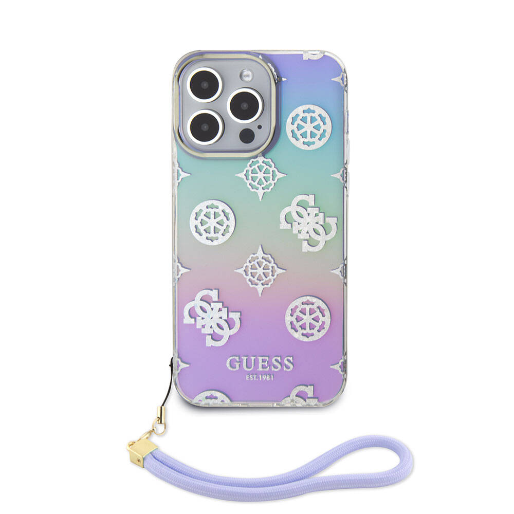 iPhone 15 Pro Max Kılıf Guess Orjinal Lisanslı Desenli Yazı Logolu Askı İpli Holografik Glitter Peony Kapak