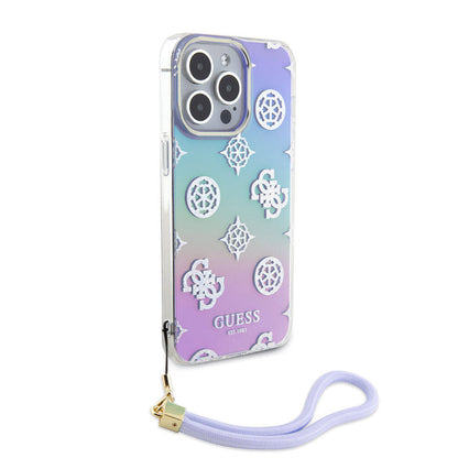 iPhone 15 Pro Max Kılıf Guess Orjinal Lisanslı Desenli Yazı Logolu Askı İpli Holografik Glitter Peony Kapak