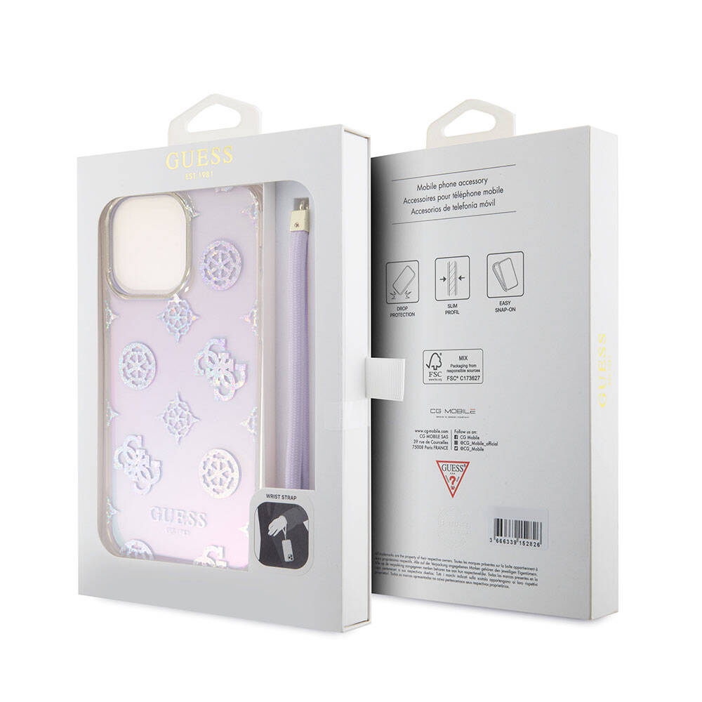 iPhone 15 Pro Max Kılıf Guess Orjinal Lisanslı Desenli Yazı Logolu Askı İpli Holografik Glitter Peony Kapak