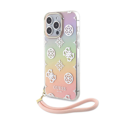 iPhone 15 Pro Max Kılıf Guess Orjinal Lisanslı Desenli Yazı Logolu Askı İpli Holografik Glitter Peony Kapak