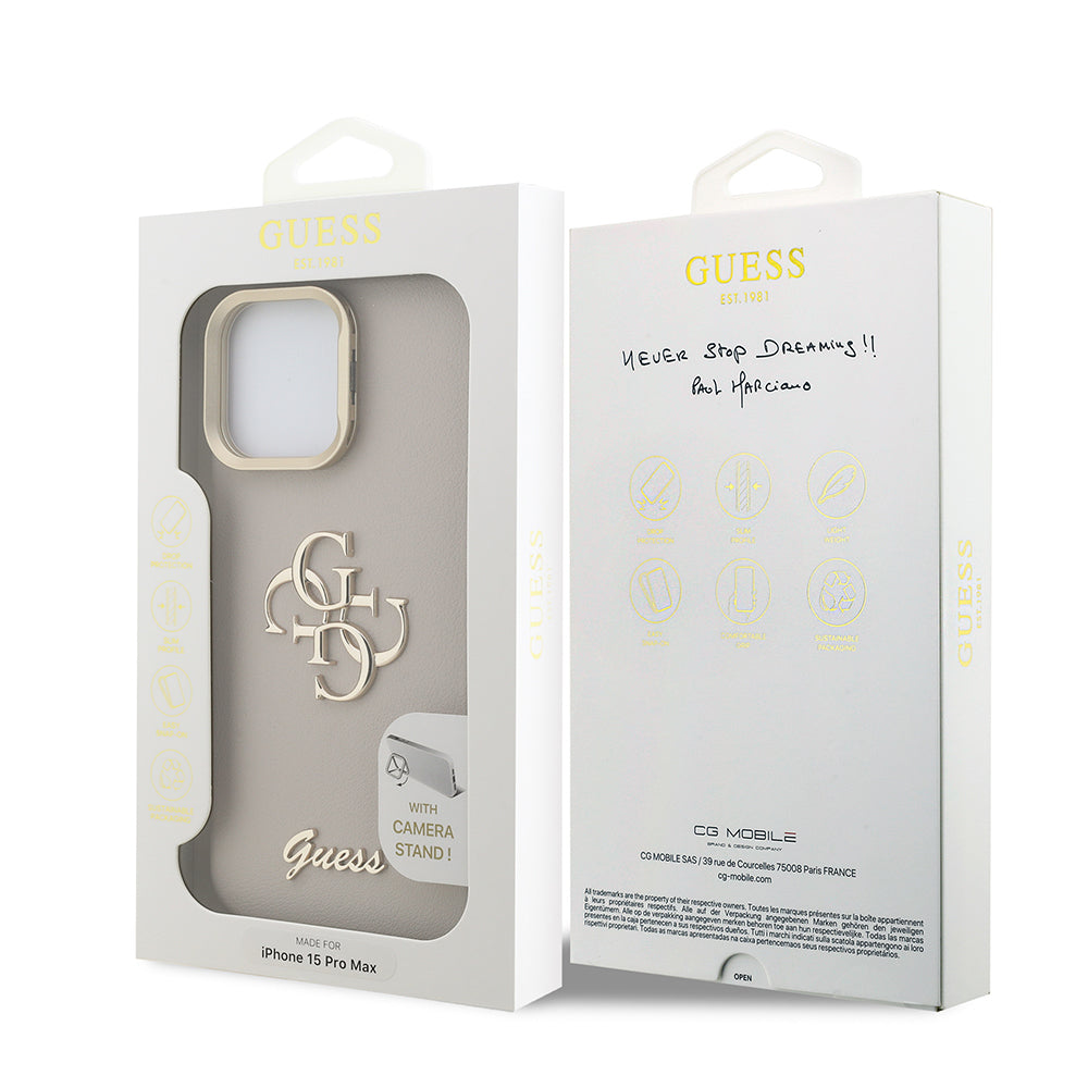 iPhone 15 Pro Max Kılıf Guess Orjinal Lisanslı Grained Yazı Logolu Kamera Standlı Kapak