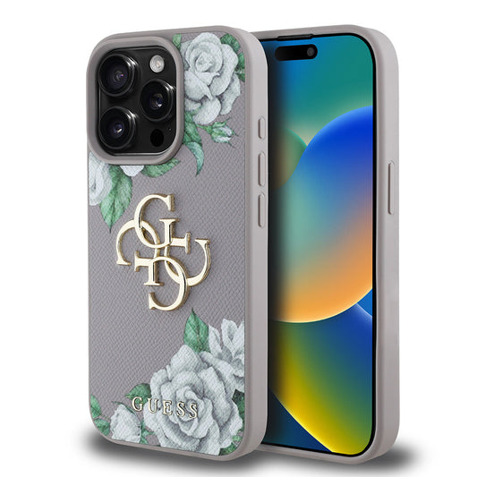 iPhone 15 Pro Max Kılıf Guess Orjinal Lisanslı Gül Baskılı Büyük Metal Logo Dizaynlı Kapak
