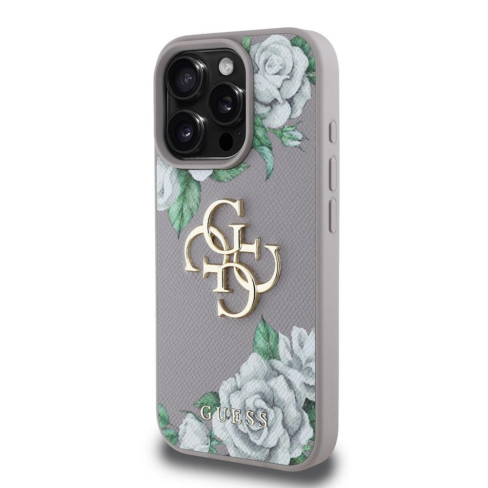 iPhone 15 Pro Max Kılıf Guess Orjinal Lisanslı Gül Baskılı Büyük Metal Logo Dizaynlı Kapak