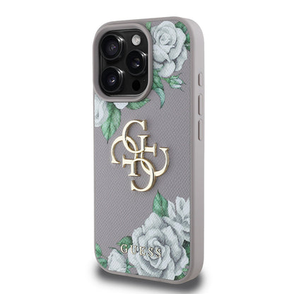 iPhone 15 Pro Max Kılıf Guess Orjinal Lisanslı Gül Baskılı Büyük Metal Logo Dizaynlı Kapak