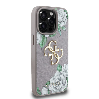 iPhone 15 Pro Max Kılıf Guess Orjinal Lisanslı Gül Baskılı Büyük Metal Logo Dizaynlı Kapak