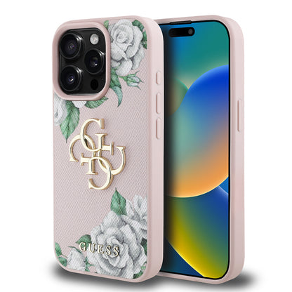 iPhone 15 Pro Max Kılıf Guess Orjinal Lisanslı Gül Baskılı Büyük Metal Logo Dizaynlı Kapak