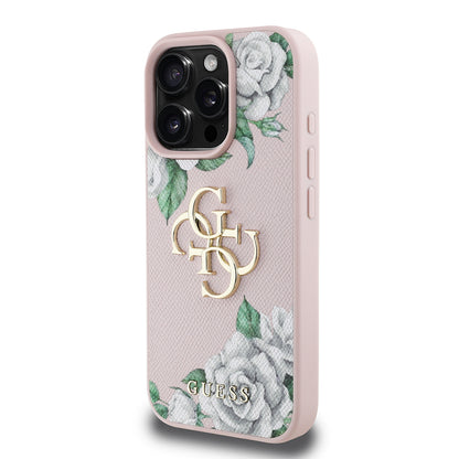 iPhone 15 Pro Max Kılıf Guess Orjinal Lisanslı Gül Baskılı Büyük Metal Logo Dizaynlı Kapak