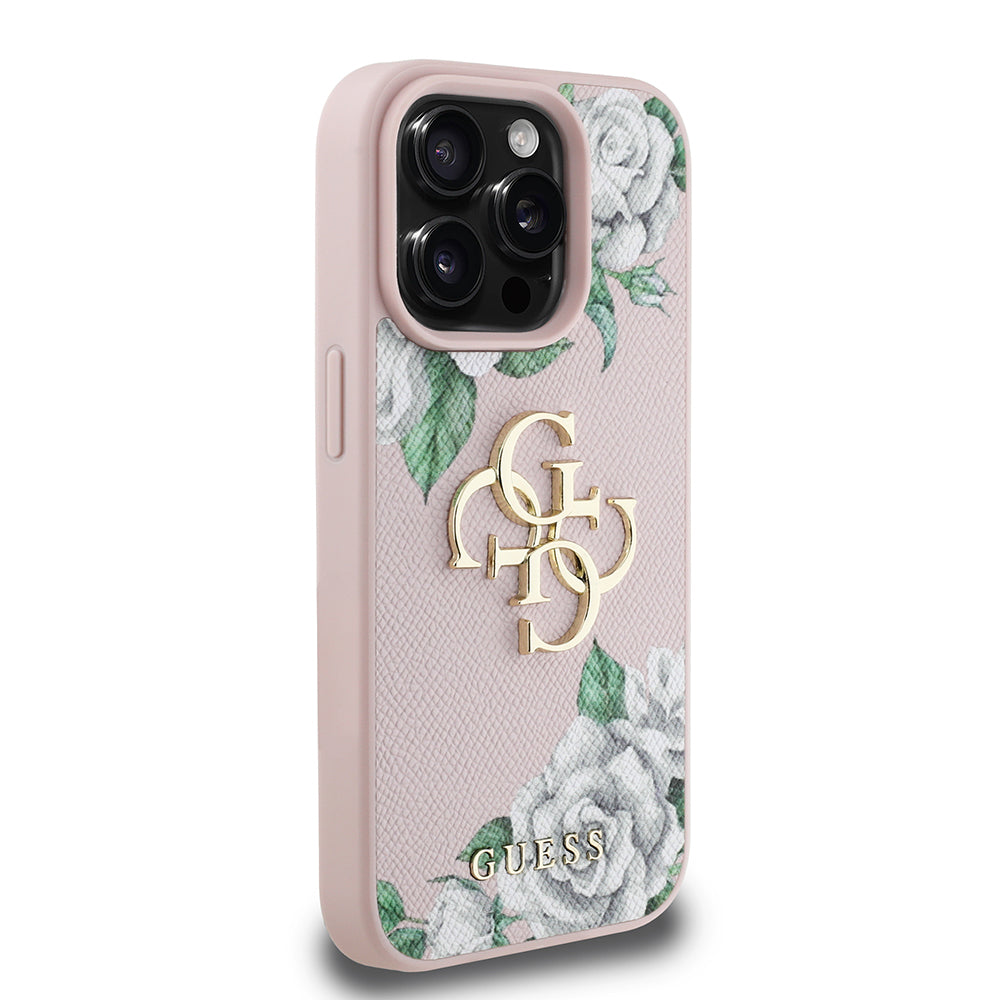 iPhone 15 Pro Max Kılıf Guess Orjinal Lisanslı Gül Baskılı Büyük Metal Logo Dizaynlı Kapak