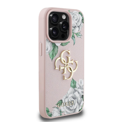 iPhone 15 Pro Max Kılıf Guess Orjinal Lisanslı Gül Baskılı Büyük Metal Logo Dizaynlı Kapak