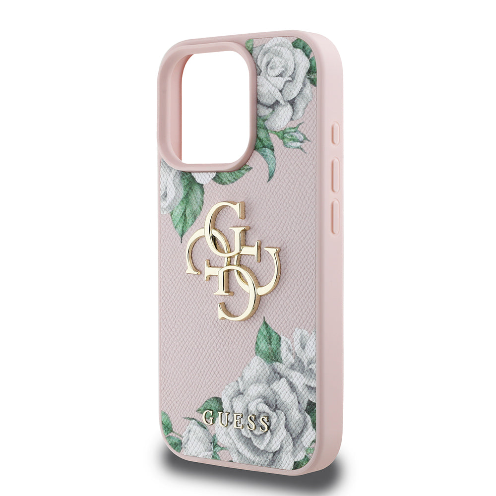 iPhone 15 Pro Max Kılıf Guess Orjinal Lisanslı Gül Baskılı Büyük Metal Logo Dizaynlı Kapak