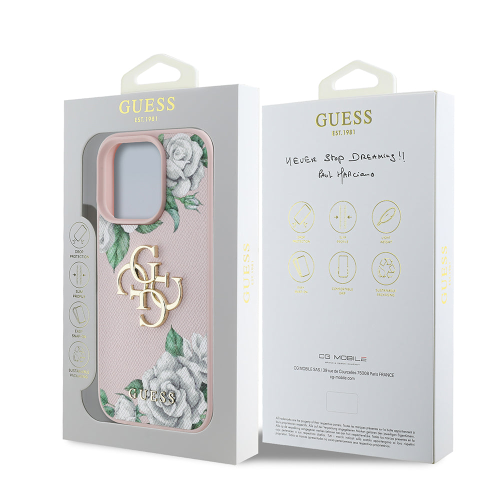 iPhone 15 Pro Max Kılıf Guess Orjinal Lisanslı Gül Baskılı Büyük Metal Logo Dizaynlı Kapak