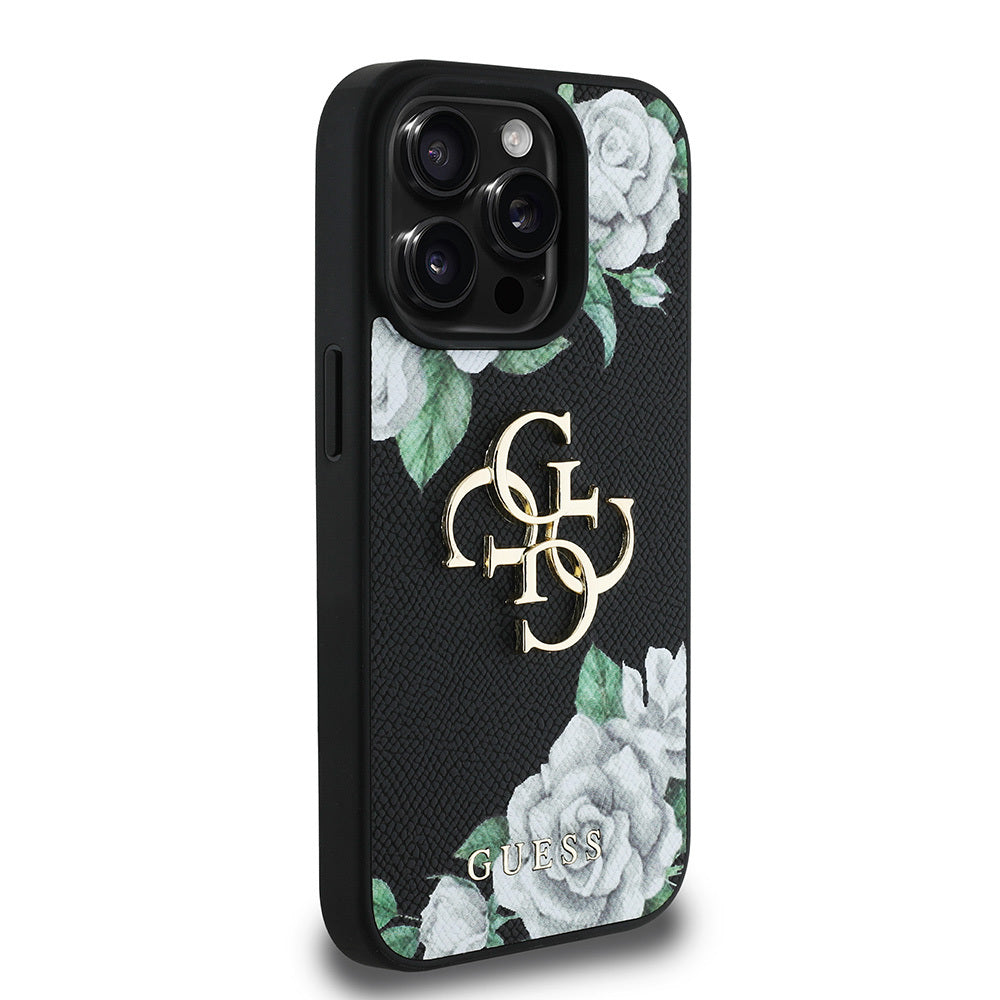 iPhone 15 Pro Max Kılıf Guess Orjinal Lisanslı Gül Baskılı Büyük Metal Logo Dizaynlı Kapak