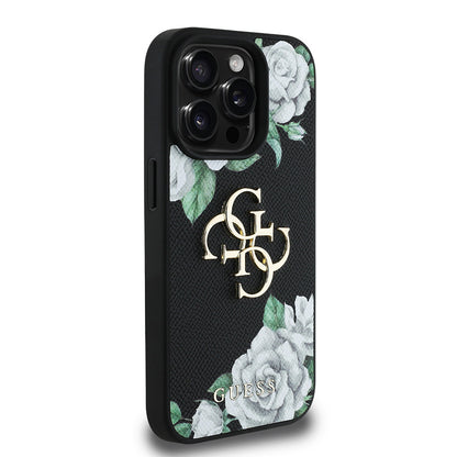 iPhone 15 Pro Max Kılıf Guess Orjinal Lisanslı Gül Baskılı Büyük Metal Logo Dizaynlı Kapak