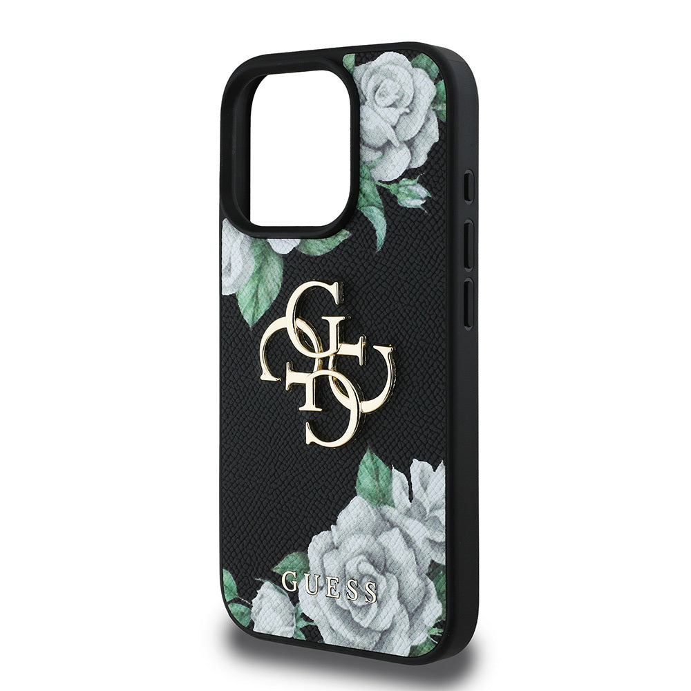 iPhone 15 Pro Max Kılıf Guess Orjinal Lisanslı Gül Baskılı Büyük Metal Logo Dizaynlı Kapak