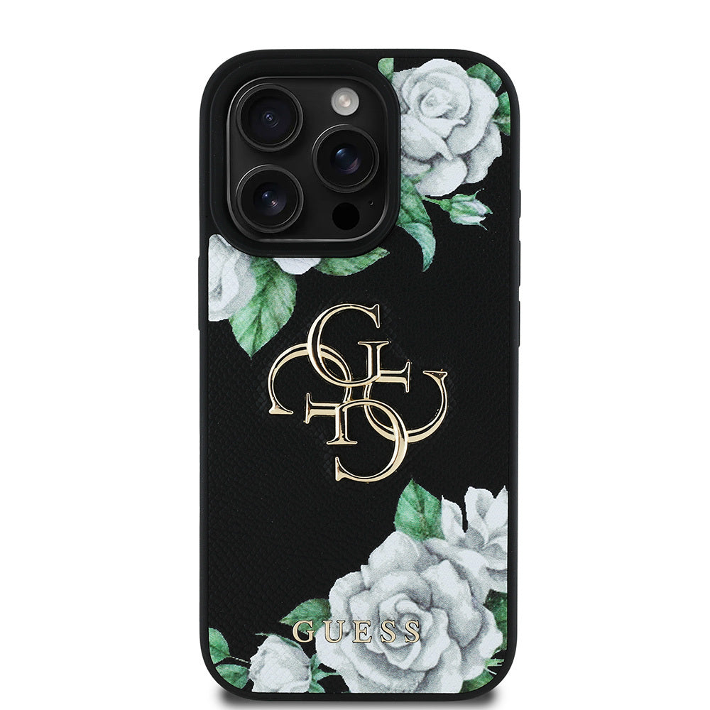 iPhone 15 Pro Max Kılıf Guess Orjinal Lisanslı Gül Baskılı Büyük Metal Logo Dizaynlı Kapak