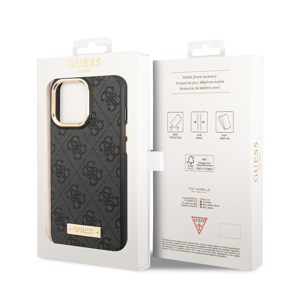 iPhone 15 Pro Max Kılıf Guess Orjinal Lisanslı M-safe Şarj Özellikli 4G Desenli PU Metal Plaka Klasik Logolu Kapak