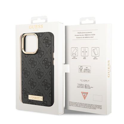 iPhone 15 Pro Max Kılıf Guess Orjinal Lisanslı M-safe Şarj Özellikli 4G Desenli PU Metal Plaka Klasik Logolu Kapak