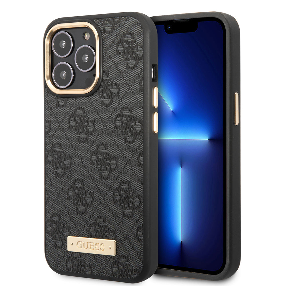 iPhone 15 Pro Max Kılıf Guess Orjinal Lisanslı M-safe Şarj Özellikli 4G Desenli PU Metal Plaka Klasik Logolu Kapak