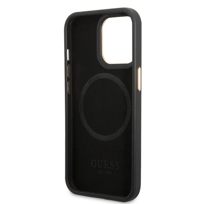 iPhone 15 Pro Max Kılıf Guess Orjinal Lisanslı M-safe Şarj Özellikli 4G Desenli PU Metal Plaka Klasik Logolu Kapak