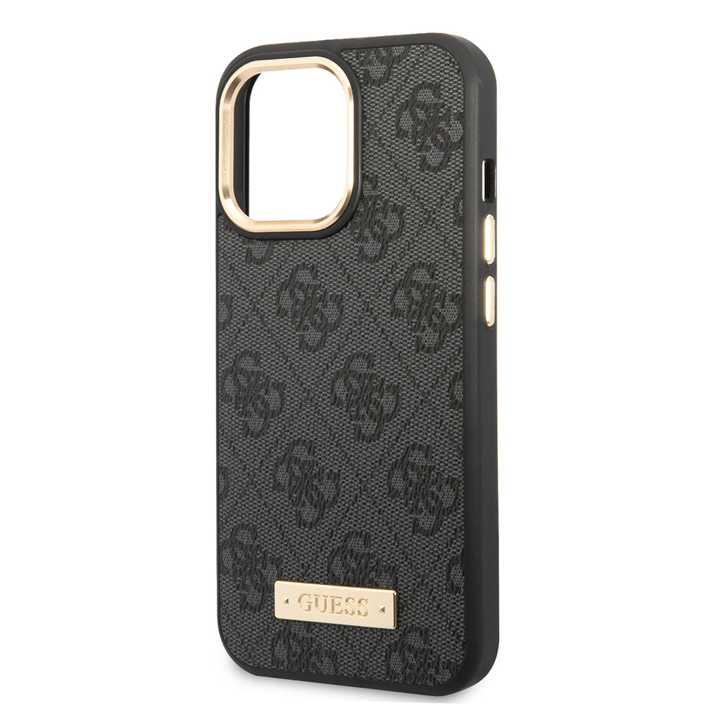 iPhone 15 Pro Max Kılıf Guess Orjinal Lisanslı M-safe Şarj Özellikli 4G Desenli PU Metal Plaka Klasik Logolu Kapak