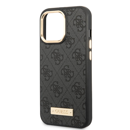 iPhone 15 Pro Max Kılıf Guess Orjinal Lisanslı M-safe Şarj Özellikli 4G Desenli PU Metal Plaka Klasik Logolu Kapak