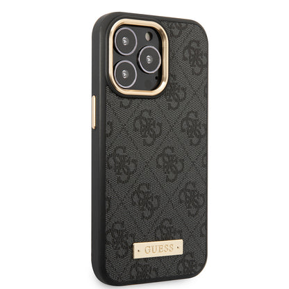 iPhone 15 Pro Max Kılıf Guess Orjinal Lisanslı M-safe Şarj Özellikli 4G Desenli PU Metal Plaka Klasik Logolu Kapak