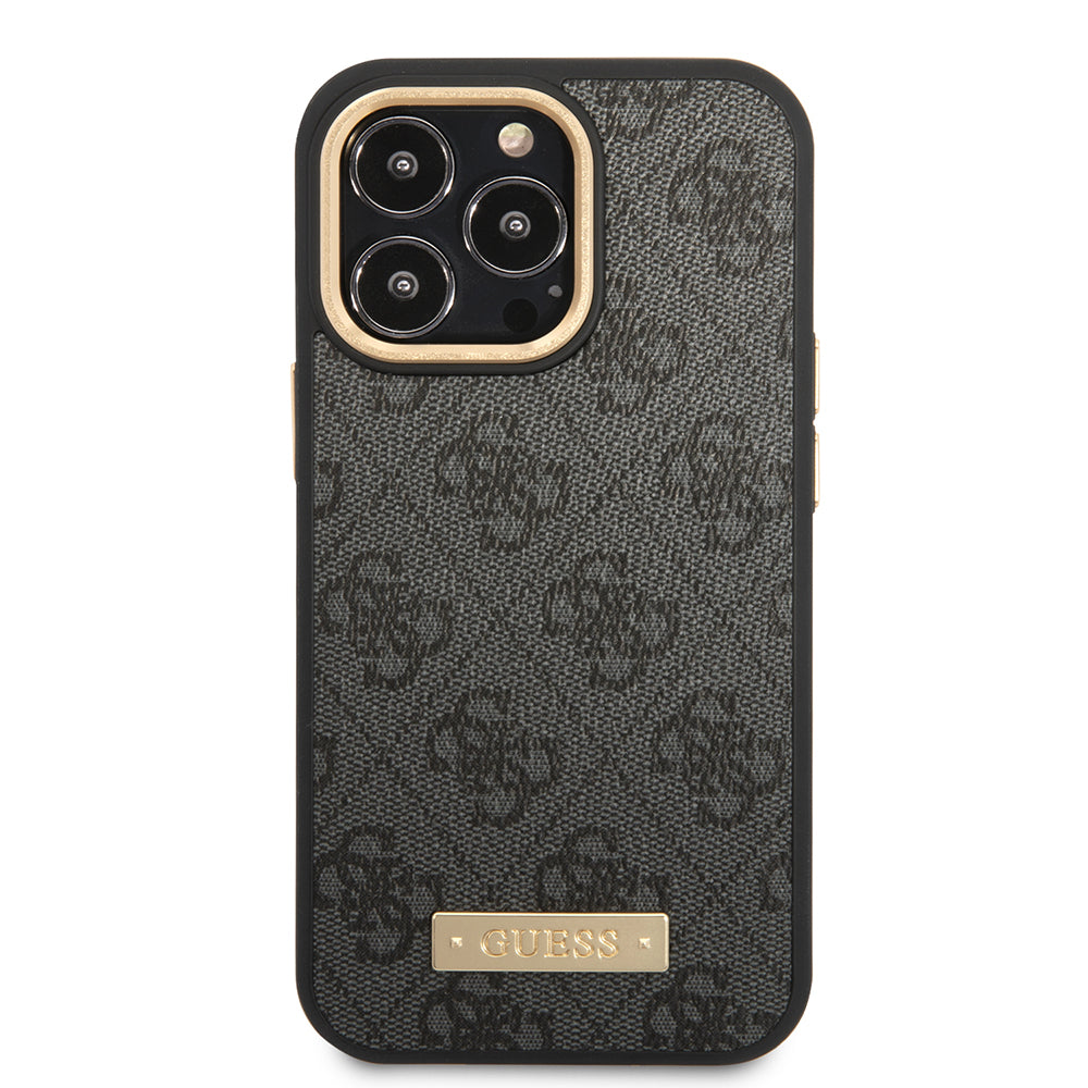 iPhone 15 Pro Max Kılıf Guess Orjinal Lisanslı M-safe Şarj Özellikli 4G Desenli PU Metal Plaka Klasik Logolu Kapak