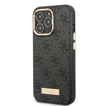 iPhone 15 Pro Max Kılıf Guess Orjinal Lisanslı M-safe Şarj Özellikli 4G Desenli PU Metal Plaka Klasik Logolu Kapak