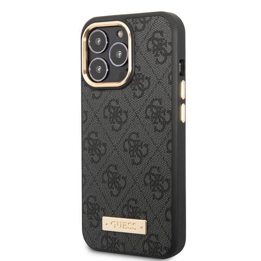 iPhone 15 Pro Max Kılıf Guess Orjinal Lisanslı M-safe Şarj Özellikli 4G Desenli PU Metal Plaka Klasik Logolu Kapak