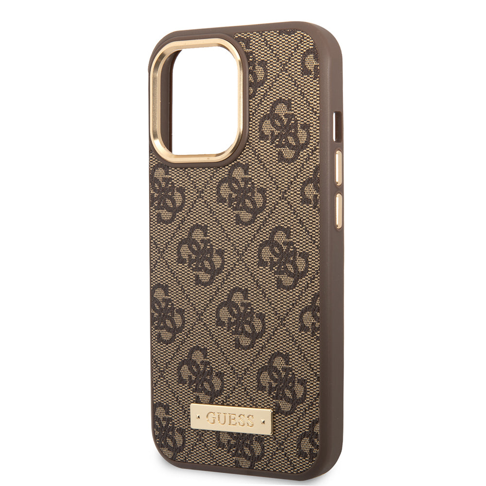 iPhone 15 Pro Max Kılıf Guess Orjinal Lisanslı M-safe Şarj Özellikli 4G Desenli PU Metal Plaka Klasik Logolu Kapak