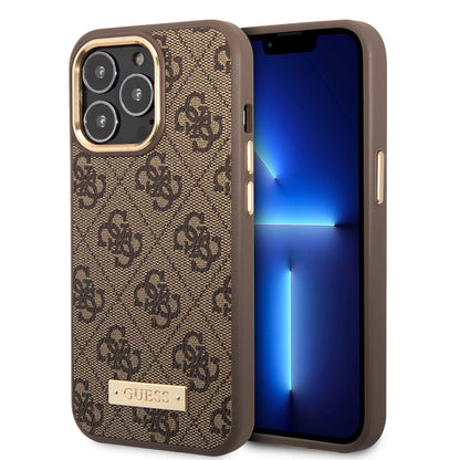 iPhone 15 Pro Max Kılıf Guess Orjinal Lisanslı M-safe Şarj Özellikli 4G Desenli PU Metal Plaka Klasik Logolu Kapak