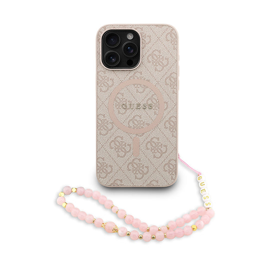iPhone 15 Pro Max Kılıf Guess Orjinal Lisanslı M-safe Şarj Özellikli PU Deri Bilek Askı İpli Yazı Logolu Kapak