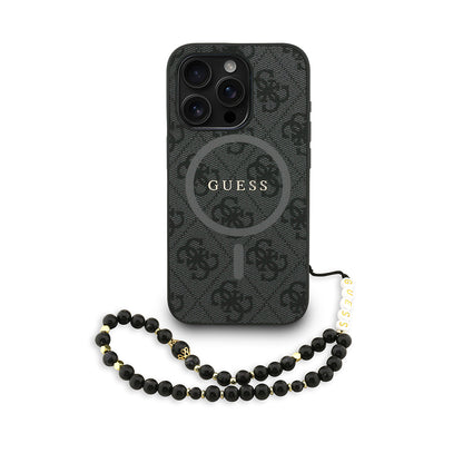 iPhone 15 Pro Max Kılıf Guess Orjinal Lisanslı M-safe Şarj Özellikli PU Deri Bilek Askı İpli Yazı Logolu Kapak
